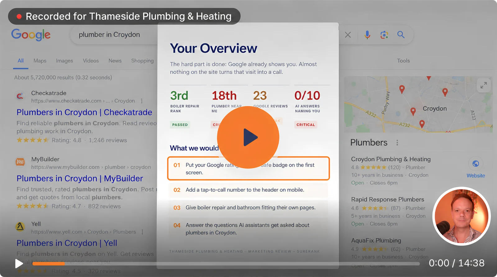 Video walkthrough recorded for Thameside Plumbing & Heating: Wayne going through the overview page of the review